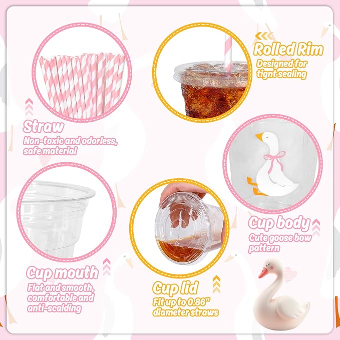 Whaline 50 Pcs One Silly Goose Disposable Plastic Cups with Lids and Straws 12 Oz Cute Pink Bow Goose Cold Beverage Drinking Cups for First Birthday Baby Shower Party Supplies