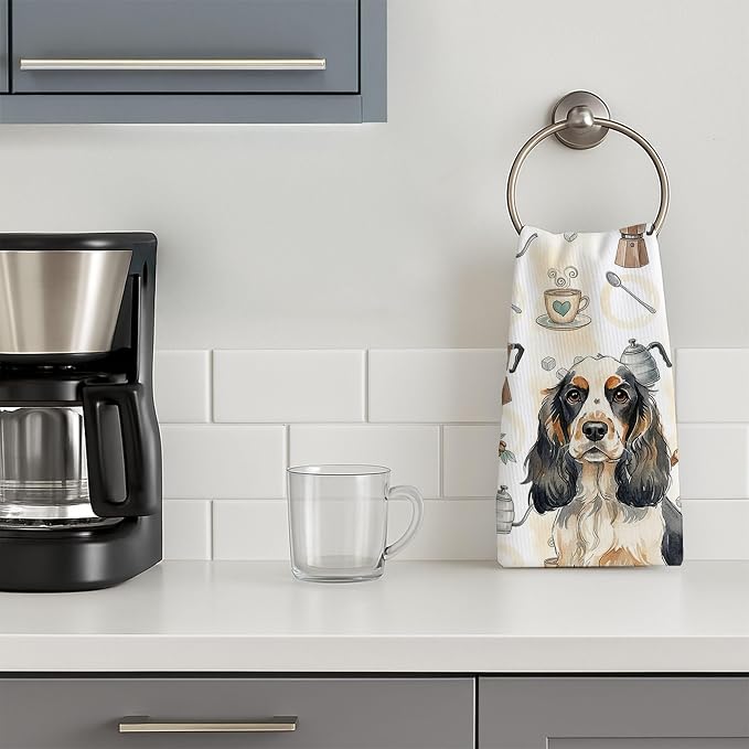 Caroline's Treasures Parti Cocker Spaniel Coffee Bar Kitchen Towel Velour Plush Front and Cotton Loop Back Machine Washable