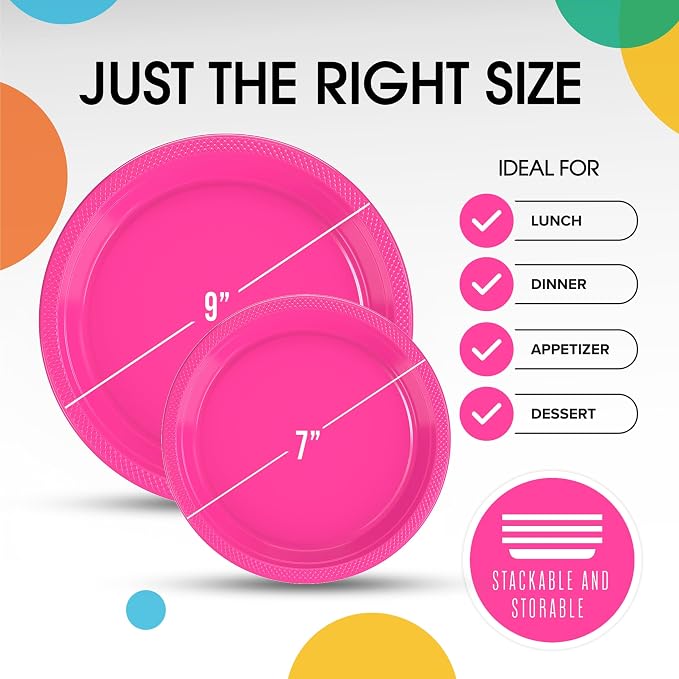 Exquisite Party Solids Hot Pink Plates Disposable Hot Pink Plastic Plates 100 Pieces - 50-7" & 50-9" Heavy Duty 350 GSM Disposable Dinnerware Sets, Plastic Dinnerware Sets