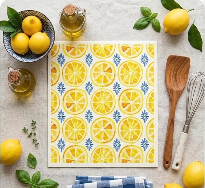Lemon Collection Swedish Dishcloth, Reusable Paper Towel, Super Absorbent Cellulose Sponge, Kitchen Cleaning Cloth, Washable & Compostable (Lemon Zest Tile - 1 Pack)