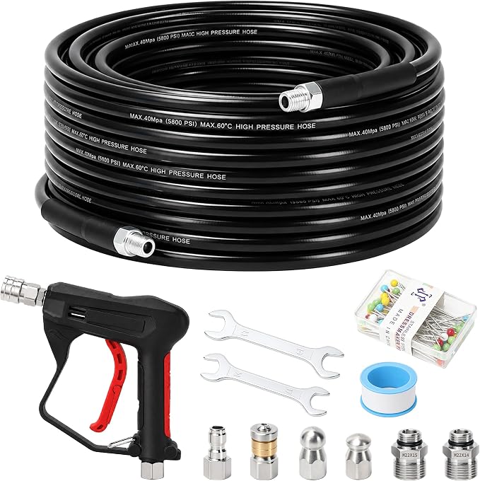 Sewer Jetter Kit for Pressure Washer 50 FT, Drain Cleaning Hose with Short Gun, 1/4" NPT, Rotating, Button Nose & Corner Nozzles, High Pressure Pipe Cleaner for Sewer and Drain Cleaning