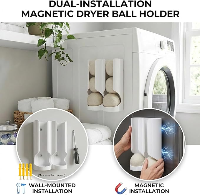 Magnetic Dryer Ball Holder for Laundry Room Organization - Space-Saving Wool Dryer Ball Storage Rack, Strong Magnet Mounts to Washer & Dryer, Holds 6+ Standard Balls, Two Ways to Use,Minimalist Design