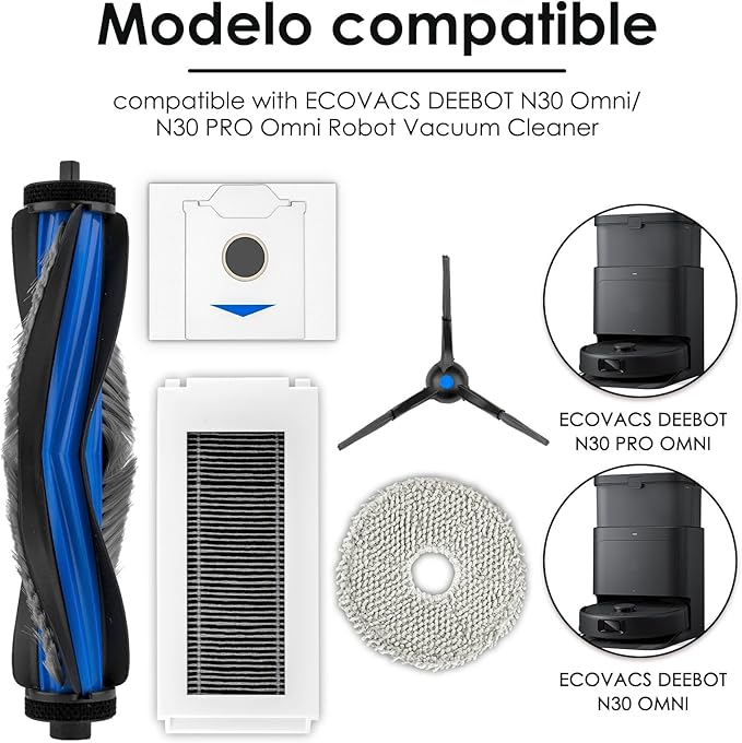 (30 Pack) N30 Omni Replacement Parts Accessories Kit for ECOVACS DEEBOT N30 Omni, N30 Pro Omni Robot Vacuum, 2 Roller Brushes, 8 Side Brushes, 7 Dust Bags, 7 HEPA Filters, 6 Mop Pads
