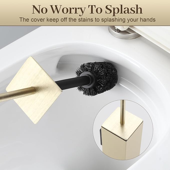 Toilet Brush and Holder Wall Mounted, Brushed Gold Aluminum with 2 Replaceable Heads, Bathroom Toilet Brush, Drill or 3M Adhesive Mount, Removable Liner and Splash Guard, Modern Square Design