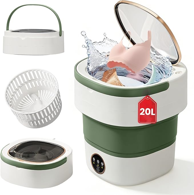 Portable Washing Machine - 22L Mini Foldable Washer with Spin Basket, 3 Cleaning Modes & Deep Cleaning for Small Clothes, Collapsible Laundry for Apartment, Home, Hotel and Travel (Green)