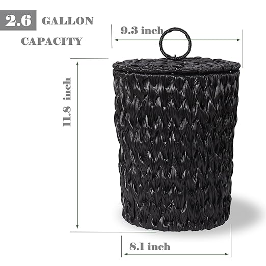 Woven Trash Can with Lid and Liner, 2.6 Gallon Bathroom Garbage Can, Decorative Handwoven Plastic Wicker Waste Basket for Bathroom, Bedroom, Living Room, Office, Home, Black