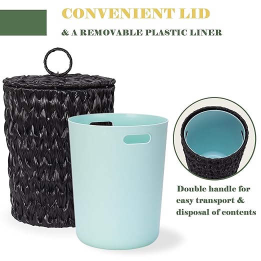 Plastic Wicker Trash Can with Lid - 2.6 Gallon Small Garbage Can with Removable Liner Bucket for Bedroom, Bathroom, Living Room - Boho Hand Woven Waste Basket for Home, Office, Black