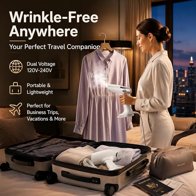 Foldable Handheld Garment Steamer - 1100 Watts of Powerful Steam - Dual Voltage (120-240) Great for worldwide Travel, Comes with Travel Bag (White)