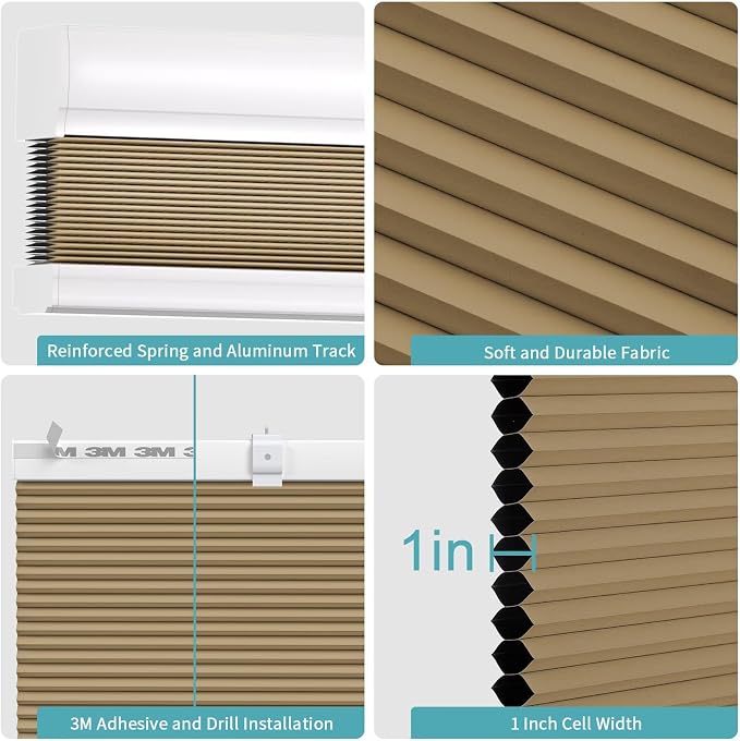 MYshade Cordless Cellular Window Shades No Tools No Drill Blackout Blinds for Indoor Windows Size 39" Wide X 72" Height Light Brown Room Darkening Blinds for Bedroom, Bathroom, Kitchen, Living Room