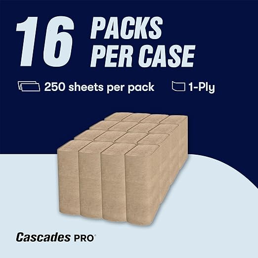 Cascades PRO Select Multifold Paper Towels Bulk- Universal Fit for Dispensers - Commercial Bathroom Kitchen Towel - 250 Sheets/pack, 16 Packs/Box - H175- Natural Brown