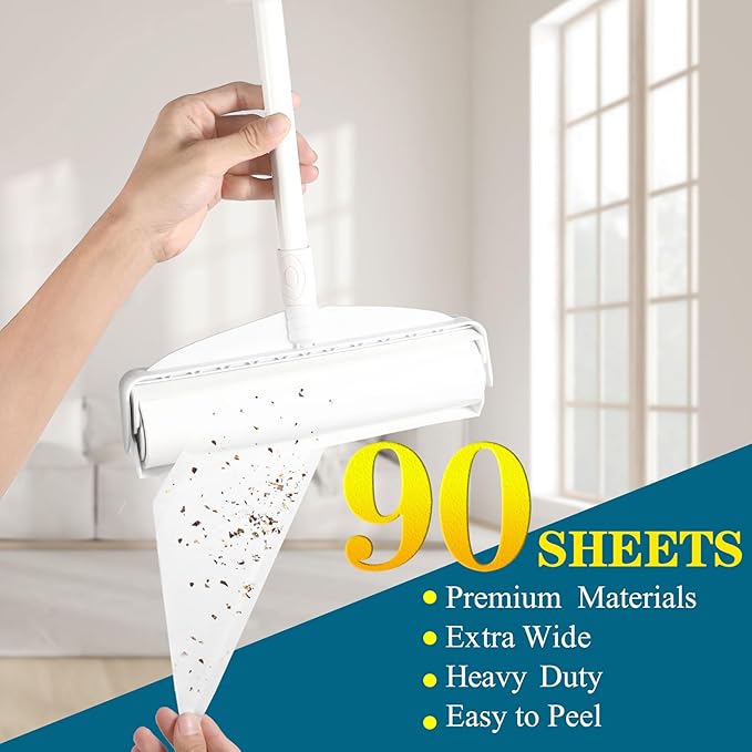 45 Inch Long Handle Lint Roller Extra Sticky for Carpet, 9.45'' Large Surface Pet Hair Remover for Couch, Sticky Roller for Floor Pick Up Larger Pieces, by Frescares, 1 Roller Stick+4 Roller Refills