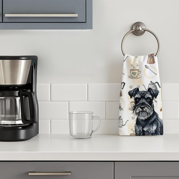 Caroline's Treasures Black Miniature Schnauzer Coffee Bar Kitchen Towel Velour Plush Front and Cotton Loop Back Machine Washable