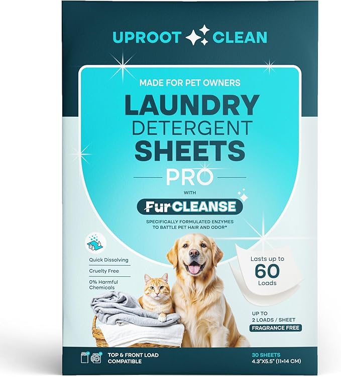 Uproot Clean Laundry Sheets Pro - 30 Pack - Fragrance-Free: Mineral-Powered Laundry Detergent Sheets Travel Pack - Eliminate Clinging Fur, Pet Odors, & Messy Residue - Up to 60 Loads