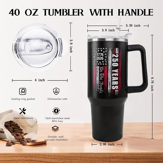 Ceovfoi 40 oz 250 Years 4th of July Tumbler with Handle Lid and Straw, Stainless Steel Insulated Coffee Mug Cup, 250th Independence Day Gifts for Men, 4th of July Decor Accessories