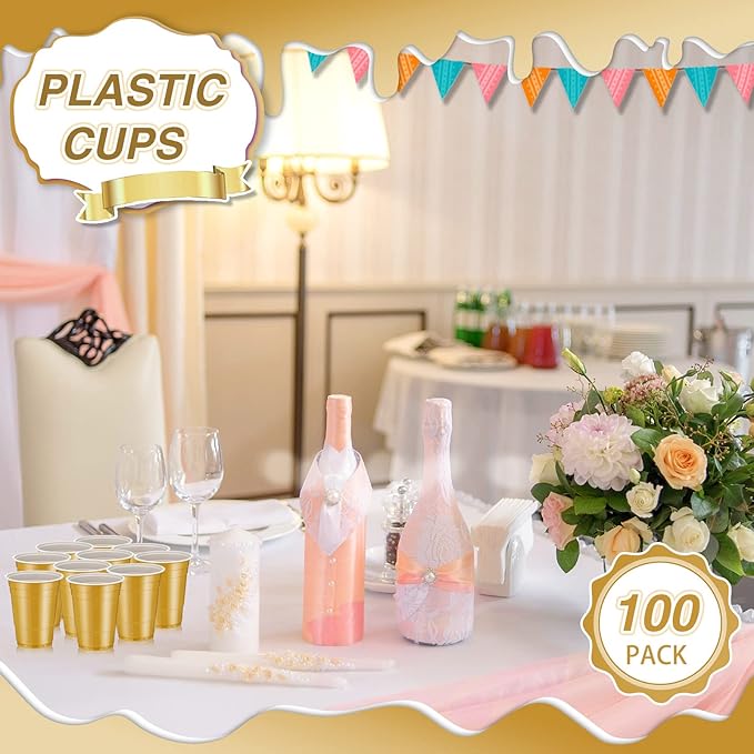 Lounsweer 100 Pcs 16 oz Disposable Party Cups Plastic Heavy Duty Drinking Water Cups for Birthday Baby Shower Wedding BBQ Picnic Party Supplies(Gold)
