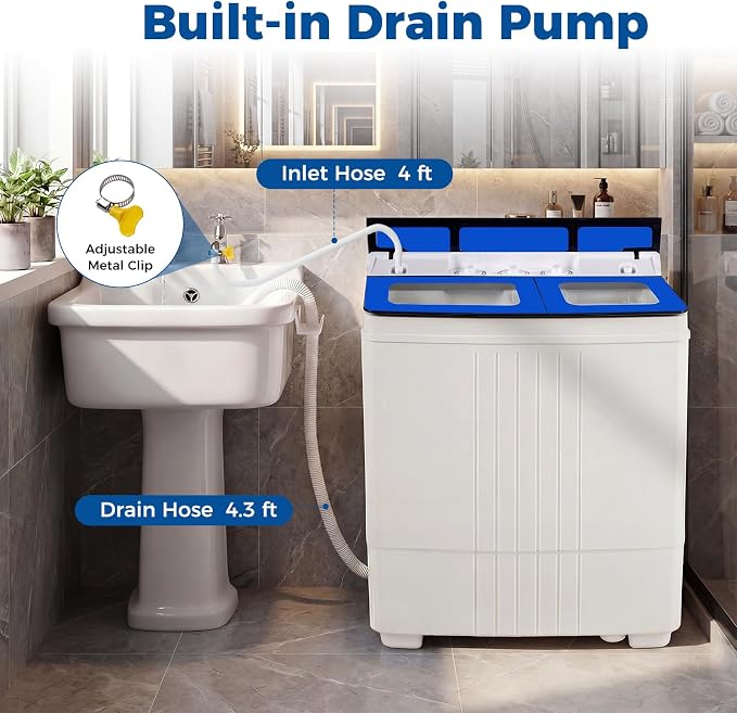 Giantex Portable Washing Machine, 20LBS Twin Tub Mini Compact Laundry Washer Spinner Combo with Drain Pump, 12Lbs Washer and 8Lbs Spinner for Apartments, RVs, Dorms, Blue+White