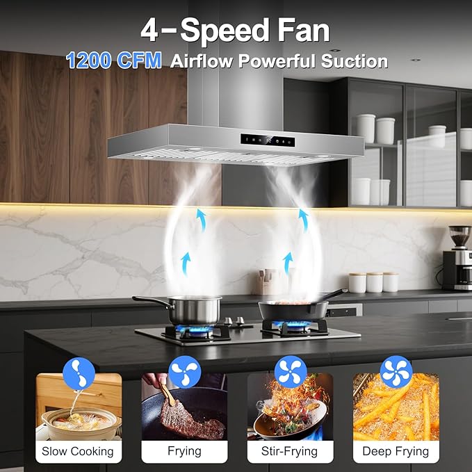 36 inch Island Range Hood Ceiling Mount 1200 CFM with 4-Speed Gesture Sensing & Touch Control, Ducted/Ductless Stainless Steel Kitchen Stove Vent Hoods with 4 LED Lights, Timer,Dishwasher-Safe Filters