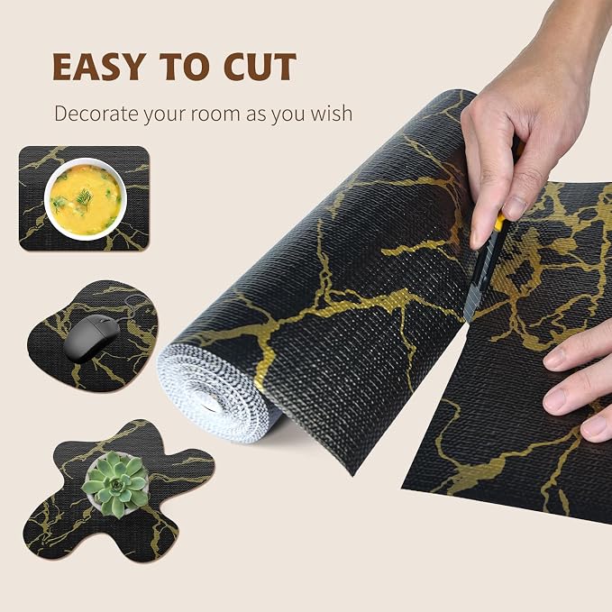 2-Layer Drawer and Shelf Liner for Kitchen Cabinet: 23.6in X 20Ft Non Slip Waterproof Shelf Paper Non Adhesive Refrigerator Liners Black/Gold Marble Easy Liners for Bathroom with Knife Tape Measure