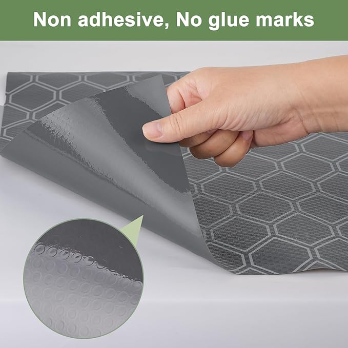 Non Adhesive Fridge Shelf Liner, Waterproof Drawer Liners for Kitchen Cabinet Refrigerator, No Slip Bathroom Cupboard Liner EVA Place Mat Roll -17.5" x 118" Grey