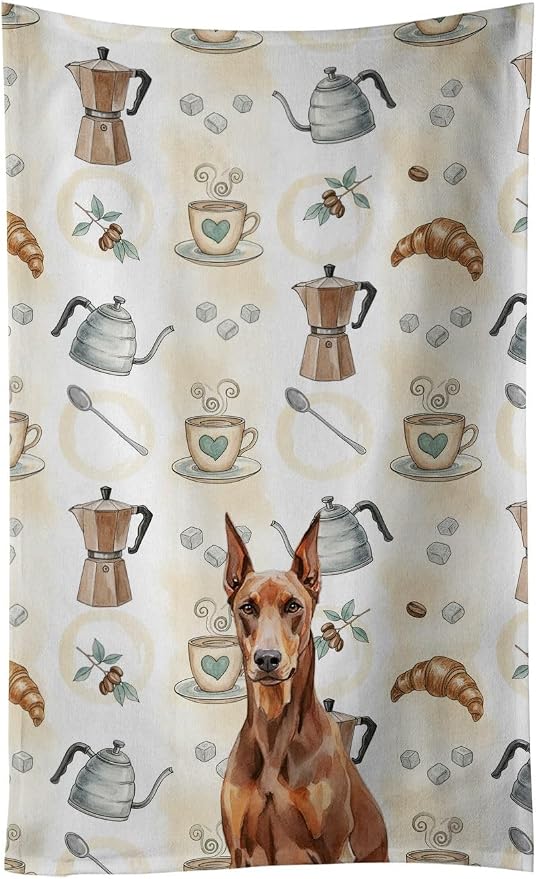 Caroline's Treasures Red Doberman Pinscher Coffee Bar Kitchen Towel Velour Plush Front and Cotton Loop Back Machine Washable