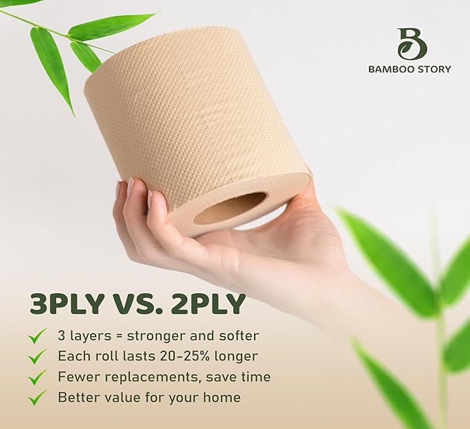Bamboo Story, Bamboo Toilet Paper Unbleached, 6 Rolls, 3 Ply and 350 Sheets Bamboo Toilet Tissue - FSC Certified, Biodegradable, Chemical Free, Plastic Free, BPA Free, Septic Safe Toilet Paper