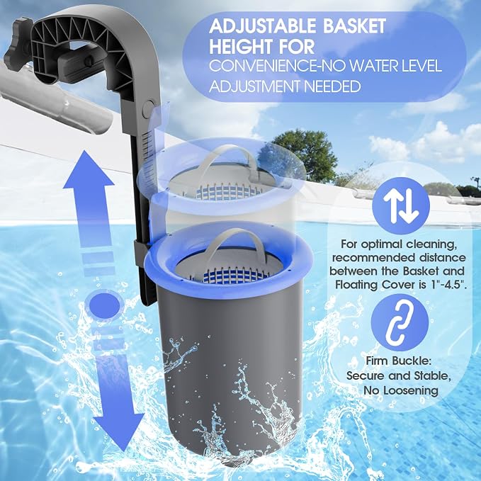 TidyMister Wall Mount Swimming Pool Surface Debris Skimmer Basket with Socks,Above Ground Pool Skimmer with Quick Set Up & Adjustable Bracket for 800+ GPH Pumps,Automatically Removes Leaves & Debris