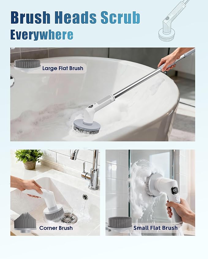 Electric Spin Scrubber, 2026 Electric Scrubber for Cleaning 4000mAh 2 Speed Shower Scrubber with Adjustable Handle IPX7 Waterproof Long Runtime Scrub Brush with 5 Heads for Bathroom Kitchen Tub