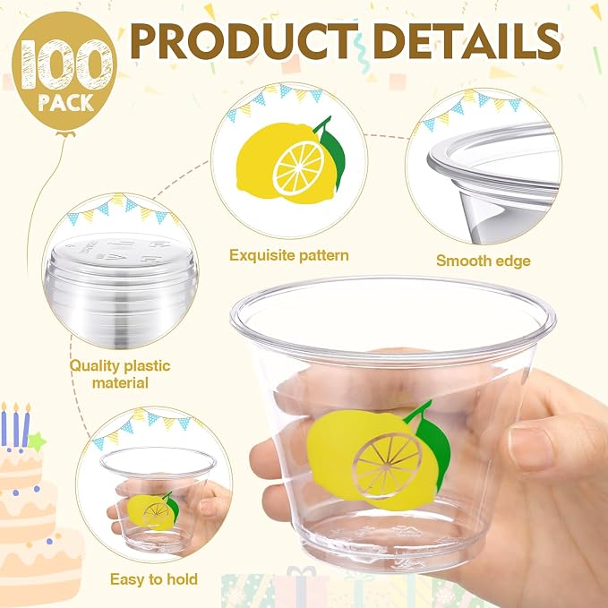 LemonRoad 100 Pack Lemon Cup 9 oz Yellow lemonade Disposable Clear Plastic Cocktail Cups Hot Cold Beverage Drinks for Men Women Summer Fruit Birthday Baby Shower Decorations Party Favors