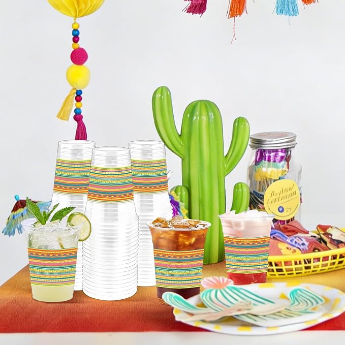 100Pcs Mexican Plastic Party Cups, 12oz Fiesta Disposable Clear Cups Margarita Cinco De Mayo Cup for Party Decorations, Mexico Taco Carnival, Birthday Party Drinking Supplies