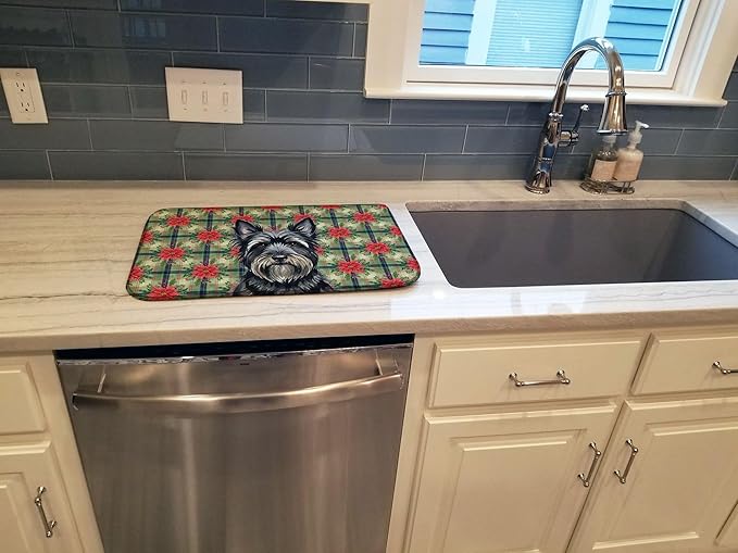 Caroline's Treasures Black Skye Terrier Christmas PoinsettIas Dish Drying Mat Absorbent Dish Drying Mat Pad for Kitchen Counter Dish Drainer Mat for Countertop, 14 x 21", Multicolor