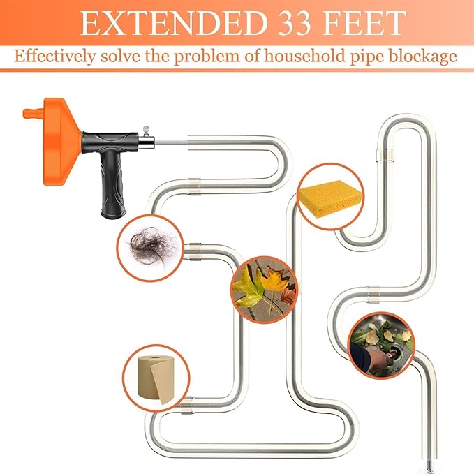 Drain Snake Auger Plumbing Snake Drain Hair Clog Removal Tool, Sink Drain Heavy Duty Toilet Snake Auger, Cleaner Tool for Bathroom Kitchen Tub Shower Drain Clog Remover with Gloves 33FT