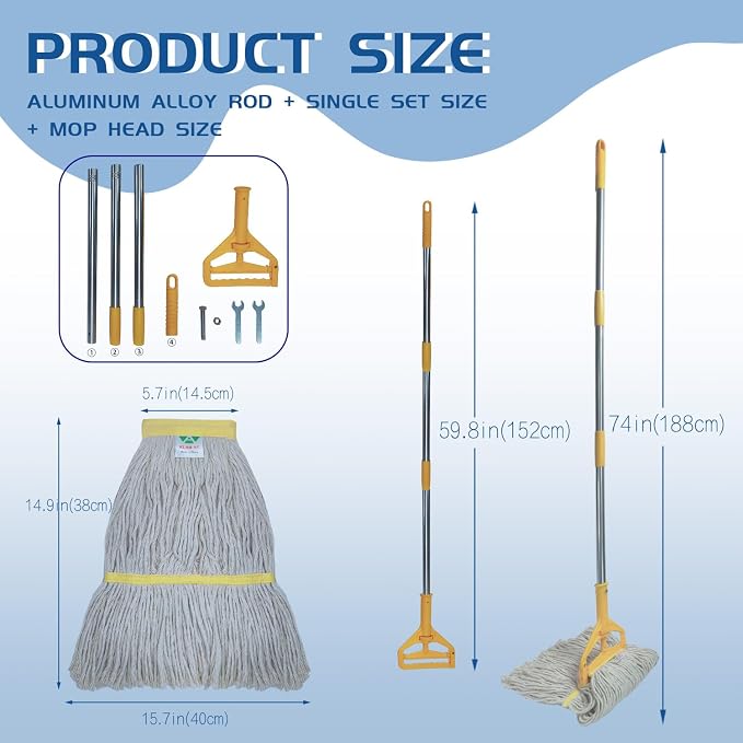 Commercial Cotton Mop | Heavy-Duty Industrial Mop | 2 Replacement Heads | 152cm Stainless Steel Handle | Professional Institutional Cleaning (B)