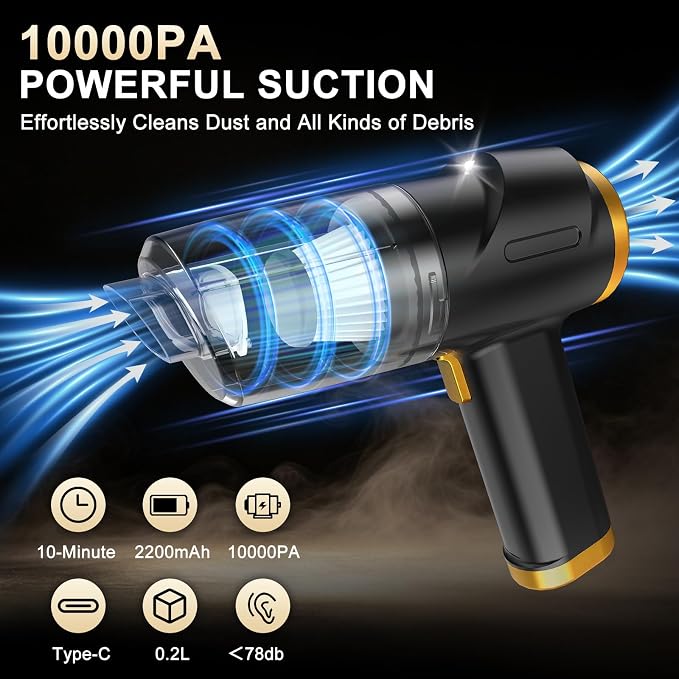 3-in-1 Cordless Handheld Vacuum Cleaner, 10KPa Car Vacuum and Air Duster,Type-C Rechargeable with Washable HEPA Filter and LED Light for Car Interior,Home,Office and Pet Hair