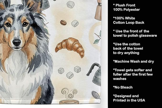 Caroline's Treasures Blue Merle Sheltie Coffee Bar Kitchen Towel Velour Plush Front and Cotton Loop Back Machine Washable