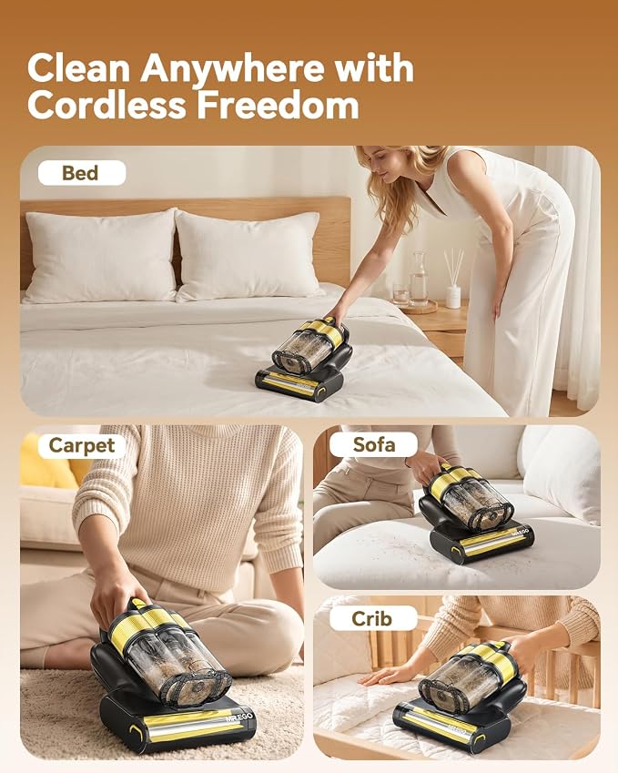 Mr.ego Cordless Mattress Vacuum Cleaner, 16Kpa Bed Vacuum Cleaner, UV-C & Ultrasonic Deep Cleaning, Smart Sensor & LED Display, Large Dust Cup, Reusable Filter, Handheld Vacuum for Bed, Sofa, Crib