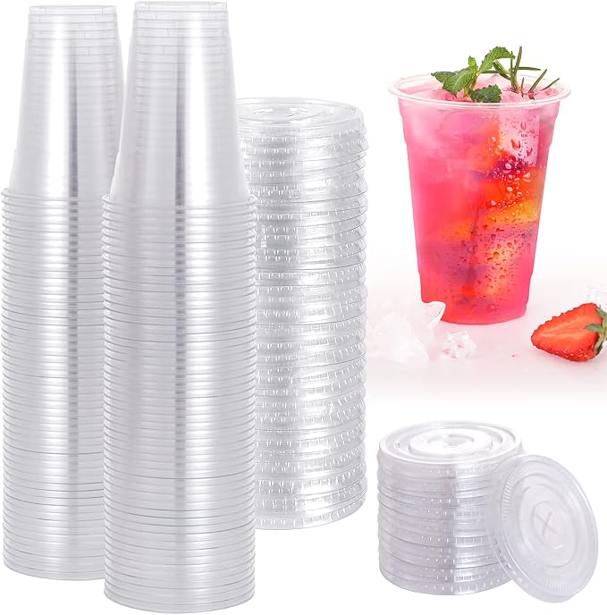 TashiBox plastic cups with lids [20 oz 100cups&100flat lids],Clear Crystal disposable plastic cups,smoothie cups