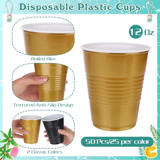 Kochorie 50 Pack Black Gold Disposable Plastic Cups 12 Ounce Drinking Party Cups Bulk Party for Wedding Birthday Graduation, Picnics Events