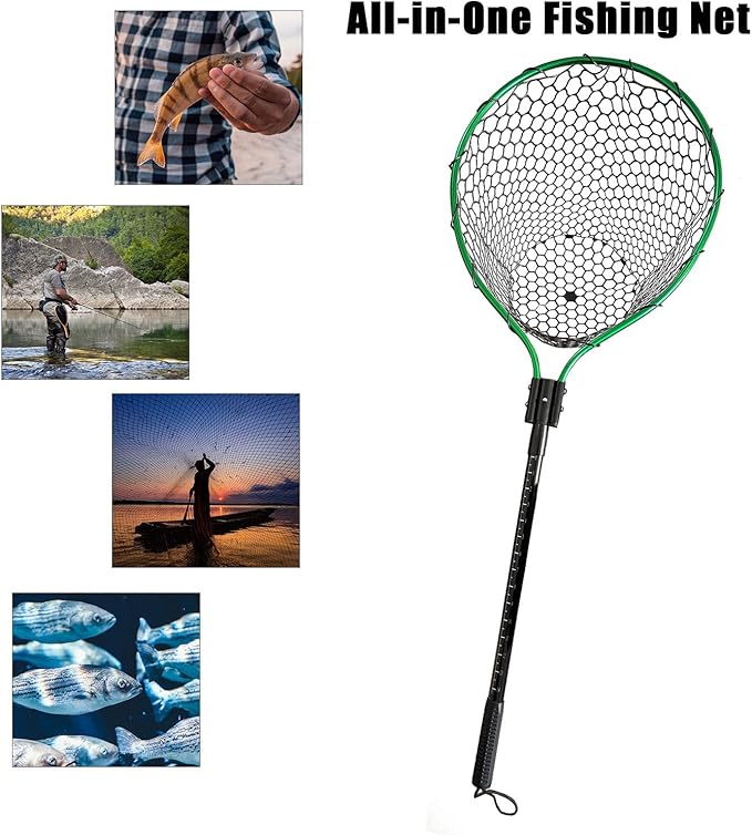 Large Fishing Net with Handle High Strength Landing Net Long Telescoping Rubber Fish Net Extendable Dip Net for Fishing Ideal for River Angling Pier Boat