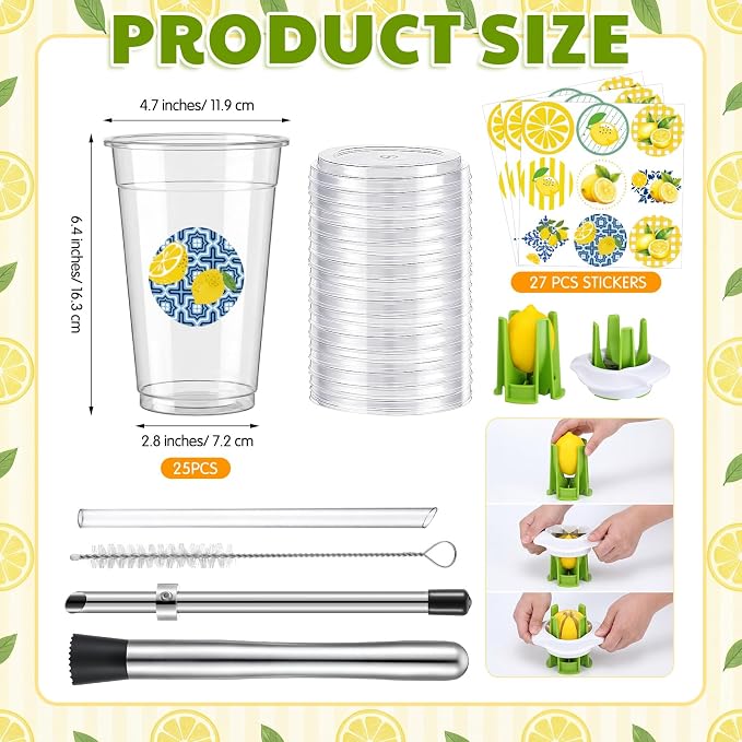 Yungyan 25 Sets Lemonade Cups with Lids Straws 32 oz Clear Plastic Cups Include Lemon Slicer, Muddler, Straw Puncher, Stickers and Straw Brush Summer Lemonade Stand Supplies Kits for Lemon Bar