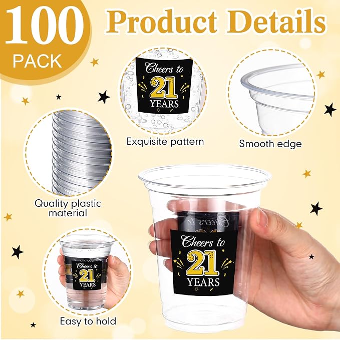 Funnymoom 100 Pack 21th Birthday Cup 12 oz Cheers to 21 Years Happy Birthday Disposable Clear Plastic Cups for Him Men Women Wedding Anniversary Decorations Party Favors