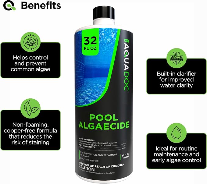 AquaDoc Liquid Algaecide for Swimming Pools - 32 oz - Treats Up to 2,500 Gallons - Non-Foaming, Copper-Free Formula for Pool Algae Control with Built-in Clarifier - Made in USA