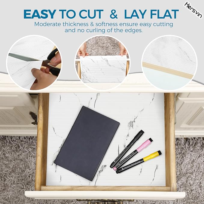 Hersvin Shelf Liners 20 in x 20 ft EVA Drawer Mats, Non-Adhesive Cupboard Protector, Kitchen Cabinet Lining Fridge Liner (White Marble Stripe, 50.8x610cm)