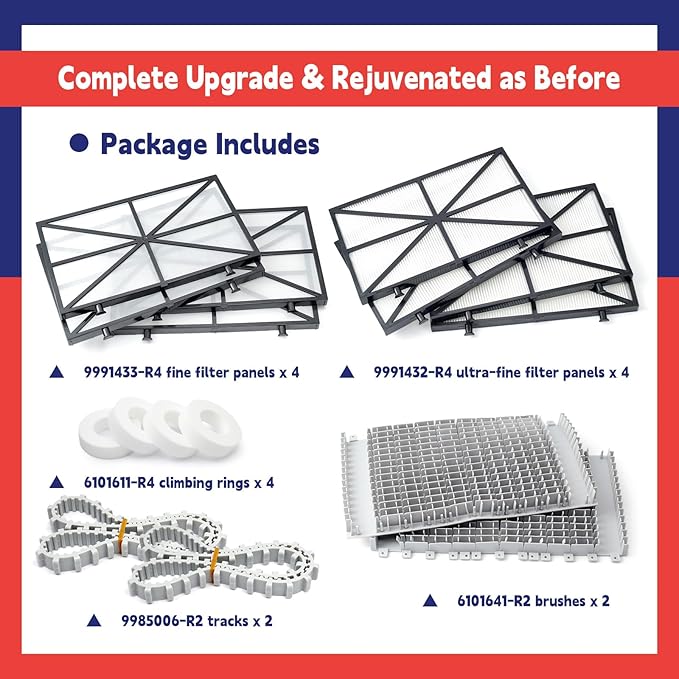 Tune Up Rebuild Kit with 9991433-R4 Fine Filter Panels 6101641-R2 Brushes 6101611-R4 Climbing Rings 9985006-R2 Tracks Replacement for Maytronics for Dolphin for Nautilus CC Plus Robotic Pool Cleaner