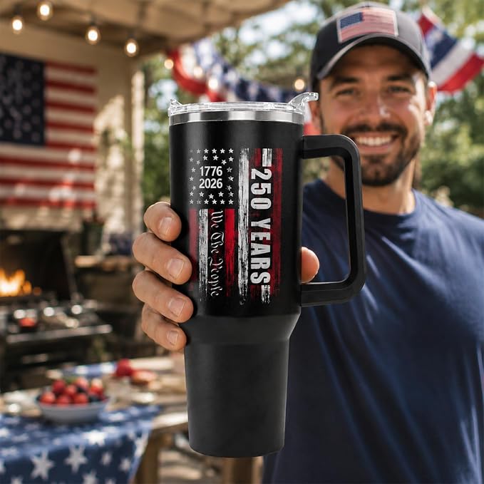 Ceovfoi 40 oz 250 Years 4th of July Tumbler with Handle Lid and Straw, Stainless Steel Insulated Coffee Mug Cup, 250th Independence Day Gifts for Men, 4th of July Decor Accessories