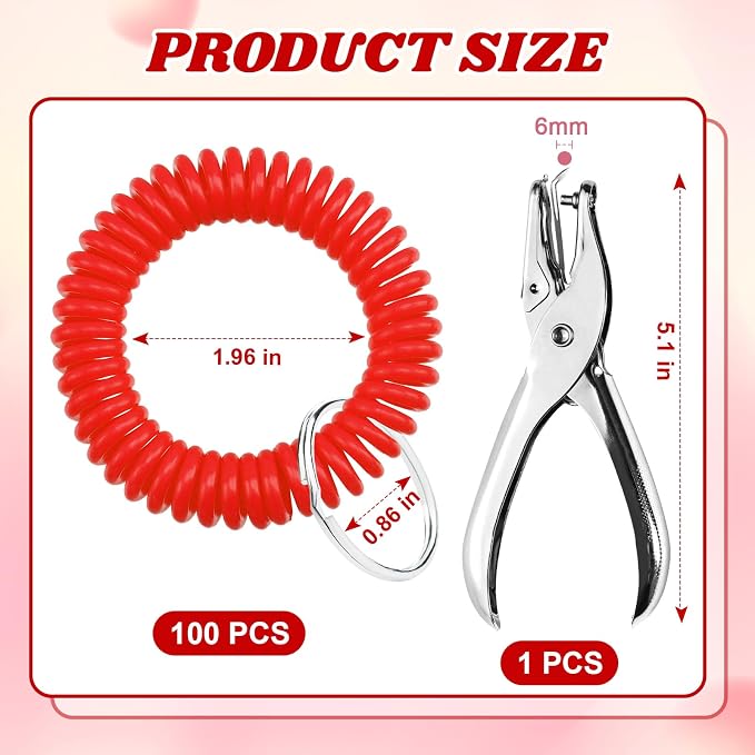 100 Pcs Red Stretchable Wristband for Shot Cups Wrist Coil Keychain with Hole Puncher Plastic Wristlet Keychain Kit for Shot Tasting Glasses Sports Game Party Supplies