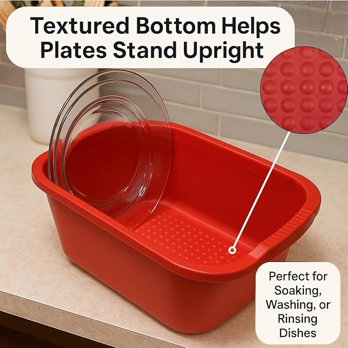 2 Pack Plastic Wash Tub Dishpan Basin and Foot Bath for Soaking Feet, Laundry Hand Wash Bucket, Dish Pans for Washing and Storage Cleaning Supplies - 12 Quarts - Heavy Duty - Red