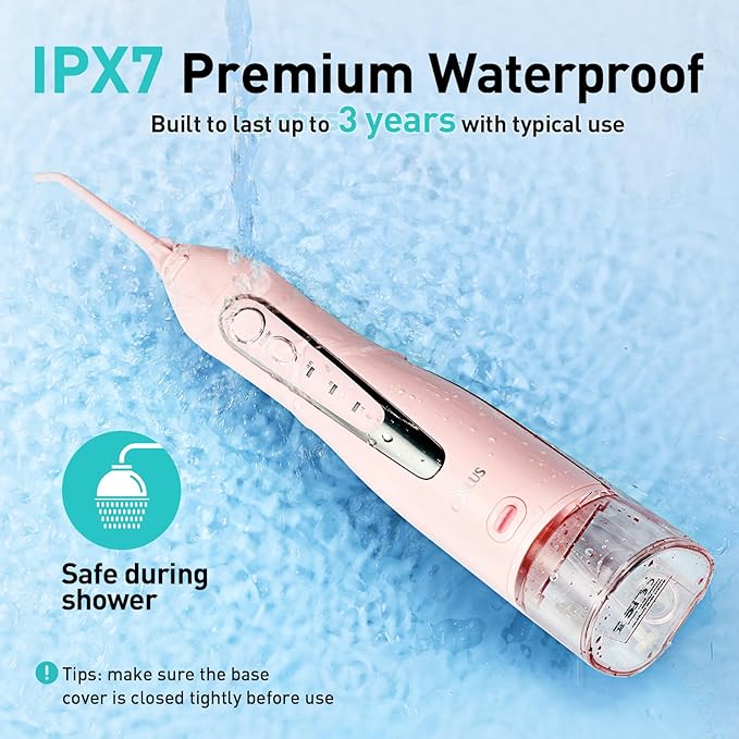 COSLUS Water Dental Flosser Teeth Pick C20: Portable Cordless Oral Irrigator 300ML Rechargeable Travel Irrigation Cleaner IPX7 Waterproof Electric Flossing Machine for Teeth Cleaning, Pink