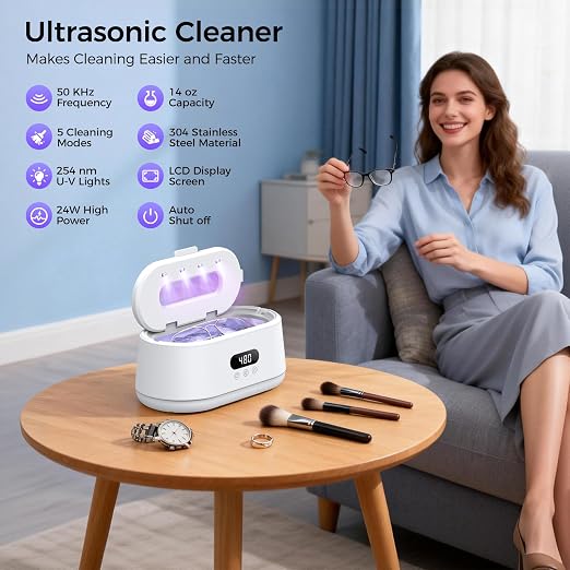 Ultrasonic Jewelry Cleaner, 50KHz Ultrasonic Cleaner Machine, Dual Modes & LED Display, 5 Cleaning Modes, 24W Sonic Cleaner for Jewelry, Eyeglasses, Watches, Rings, Watch Strap,Dentures(White)