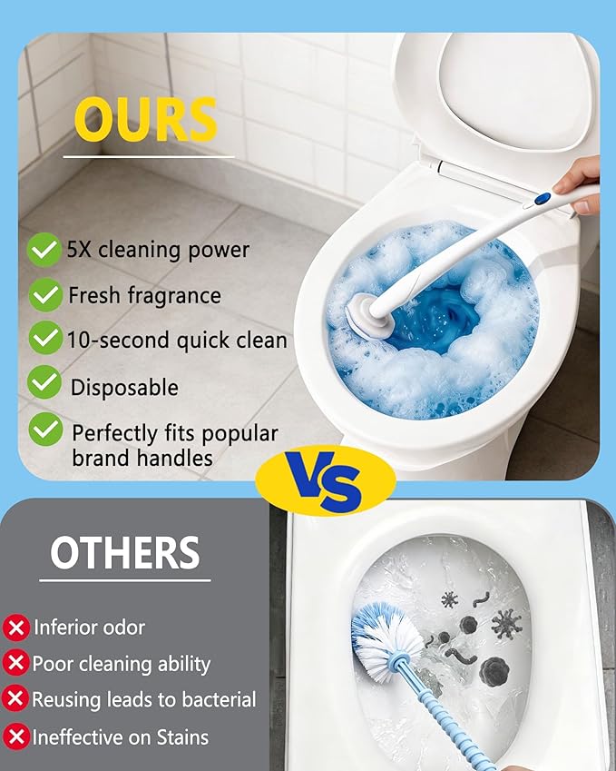 60 Count Disposable Toilet Bowl Wand Refills Compatible with Clorox Toilet Wand, Powerful Foaming Cleaner Brush Heads for Deep Cleaning & Stain Removal