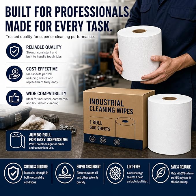 4 Rolls Industrial Cleaning Wipes Jumbo Roll, Heavy Duty Lint Free Shop Towels, Super Absorbent Reusable Cleaning Cloths for Garage Workshop Automotive, 500 Sheets 10 x 12 Inch (White, 10"X12")